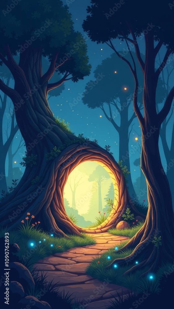 Poster A forest with a moon in the sky and a path leading through it
