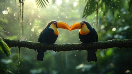 Obraz premium Two toucans perched on a branch, their beaks touching in a loving gesture, surrounded by lush greenery and sunlight filtering through the leaves.