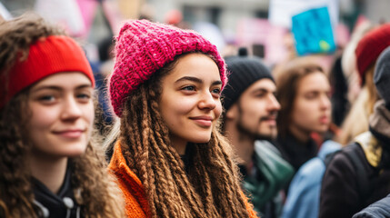 A rally for gender equality, with people of all genders and backgrounds standing together for equal rights and opportunities for women.