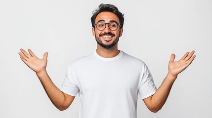 Naklejka premium A man with glasses is smiling and raising his hands in the air. Concept of curiosity and wonder, as if the man is asking a question or seeking knowledge. The man's facial expression