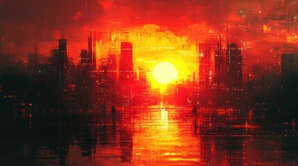 Fototapeta premium A vibrant sunset over a city skyline, evoking a digital aesthetic.