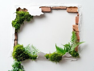 White background texture outer frame is old brick pattern  has green moss.