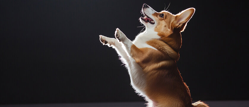 Corgi Dancing On Hind Legs At Pet Event: Adorable Canine Performance Captured In Stock Photo