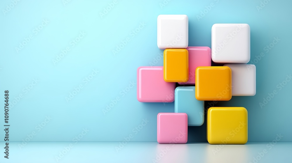 Poster wall of colorful blocks with a blue background. the blocks are arranged in a way that creates a sens