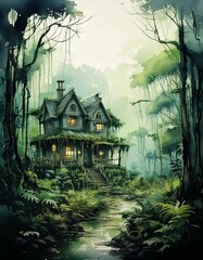 Fototapeta premium watercolor of a mysterious haunted house in the jungle with copy space