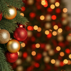 Red and golden christmas balls hanging on xmas tree branch bokeh effect noel lights blurred background