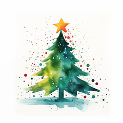 Watercolor Christmas tree with a golden star and festive colorful splashes.