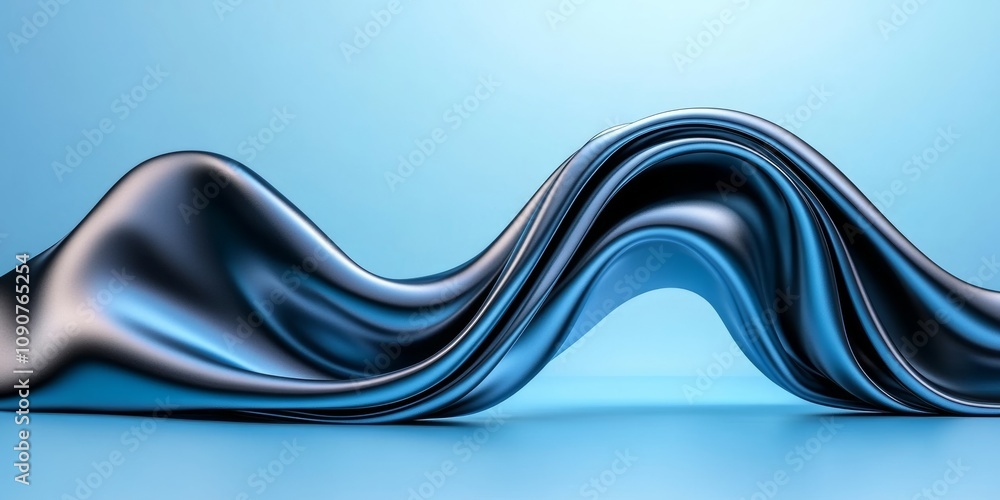 Poster blue and silver wave is shown in the image. the wave is made of a shiny material and he is flowing i