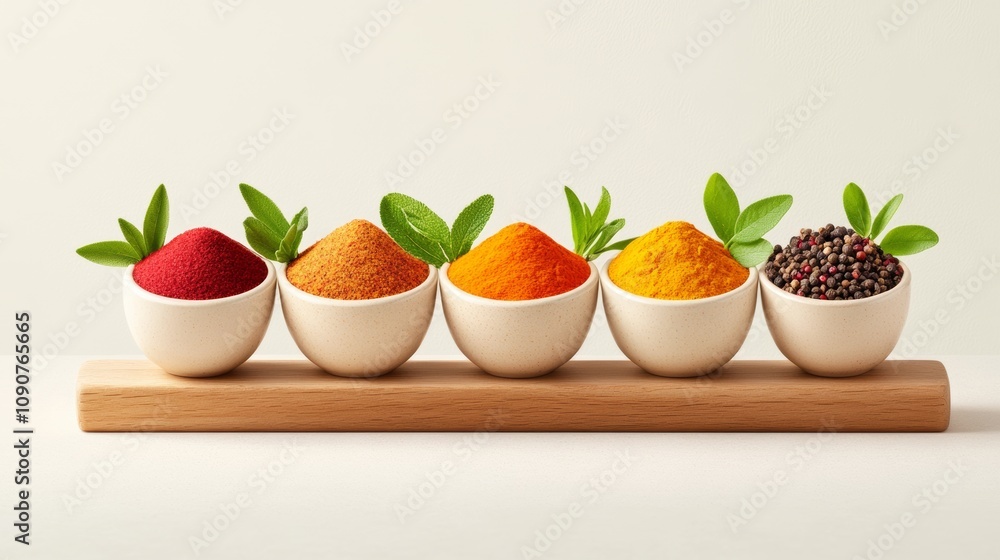 Poster row of five bowls filled with different spices. the spices are arranged in a row on a wooden platfor