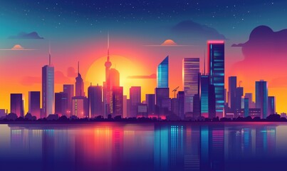 Fototapeta premium City skyline at sunset with reflections, vibrant colors, modern architecture, silhouette of buildings, serene water