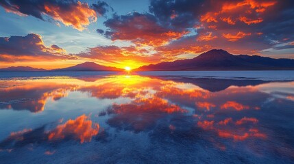 Fototapeta premium Stunning sunset over mountains reflecting in calm water.