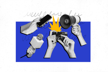 Banner poster collage of human arms holding journalist equipment interviewing celebrity isolated on...