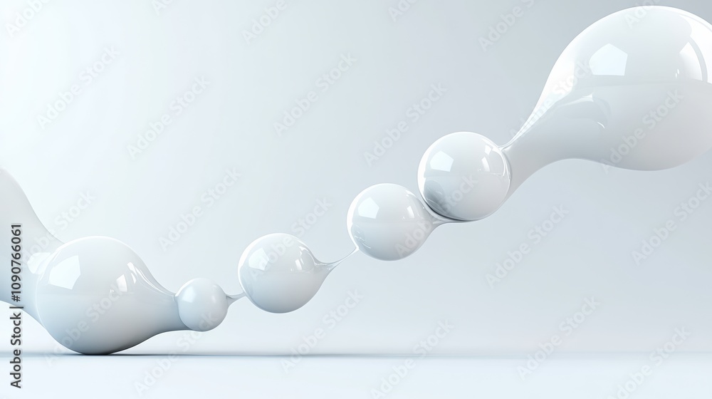Poster series of white spheres arranged in a line, with some of them overlapping. scene is one of fluidity 