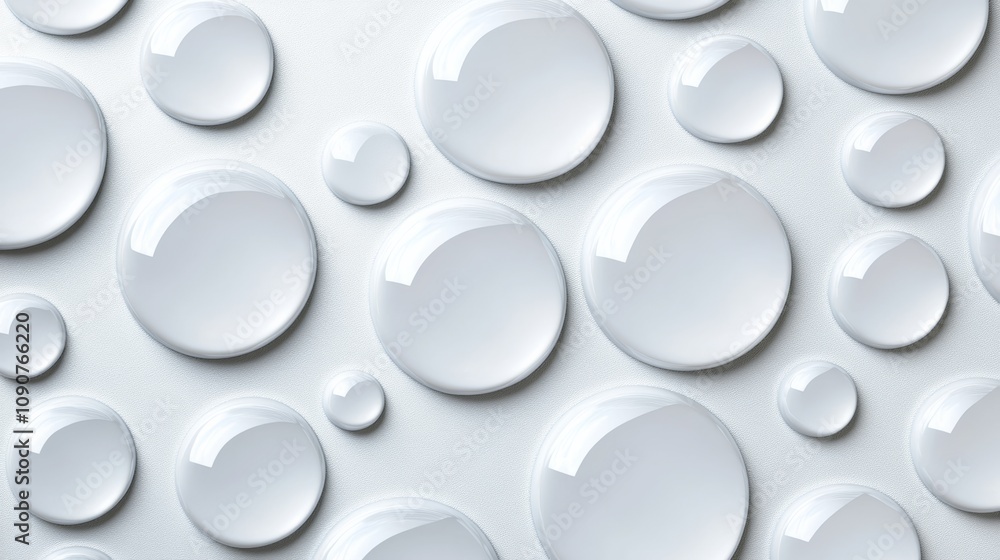 Poster white background with many small, round, shiny droplets of water scattered throughout. the droplets 