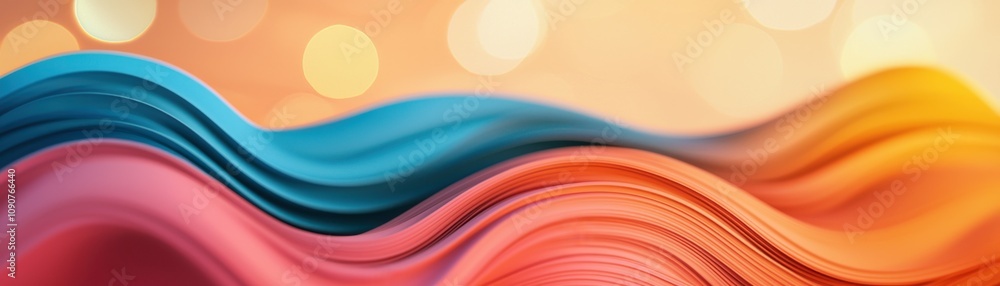Poster a vibrant, flowing abstract background featuring smooth waves in shades of blue and orange, creating