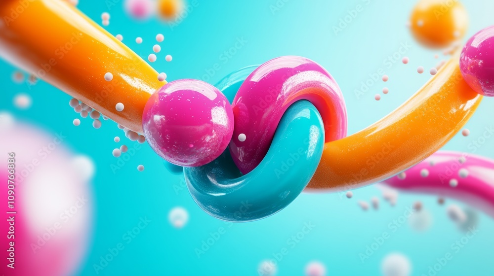 Poster colorful, abstract image of two balls connected by a string. the balls are in different colors, with