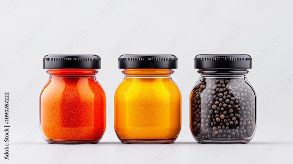 Poster three jars of spices are lined up on a white background. the jars are made of glass and have lids. t