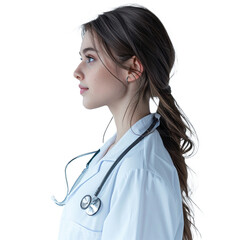 Beautiful hispanic woman wearing doctor uniform and stethoscope looking to side isolated background 
