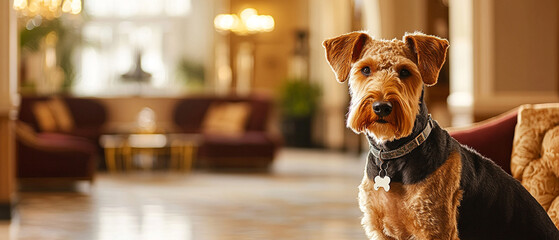 Airedale Terrier Dog Posing At A Luxury Dog Hotel