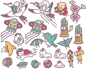 年賀状素材　縁起物　鶴亀　キャラクターイラスト