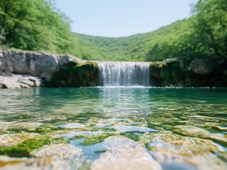 Fototapeta premium Serene waterfall adventure lush green valley nature photography tranquil environment close view relaxation concept