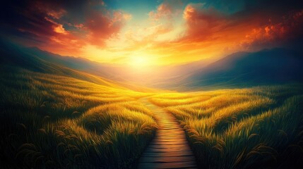 Obraz premium Serene Sunrise Over Lush Golden Fields with Scenic Pathway and Dramatic Cloudy Sky Illuminated by Warm Sunlight in Idyllic Nature Landscape