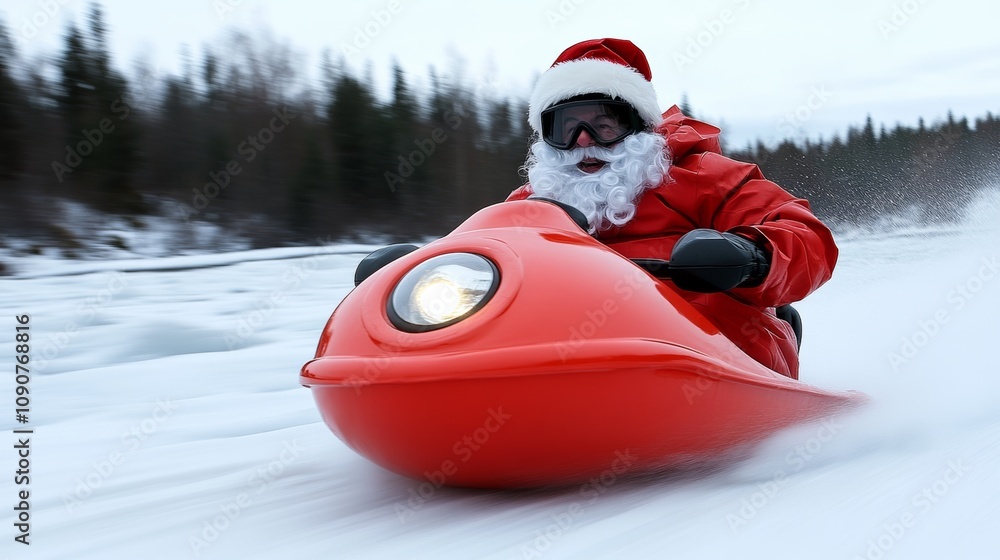 Poster man in a red santa suit is riding a red snowmobile. the snowmobile is red and has a santa hat on it.