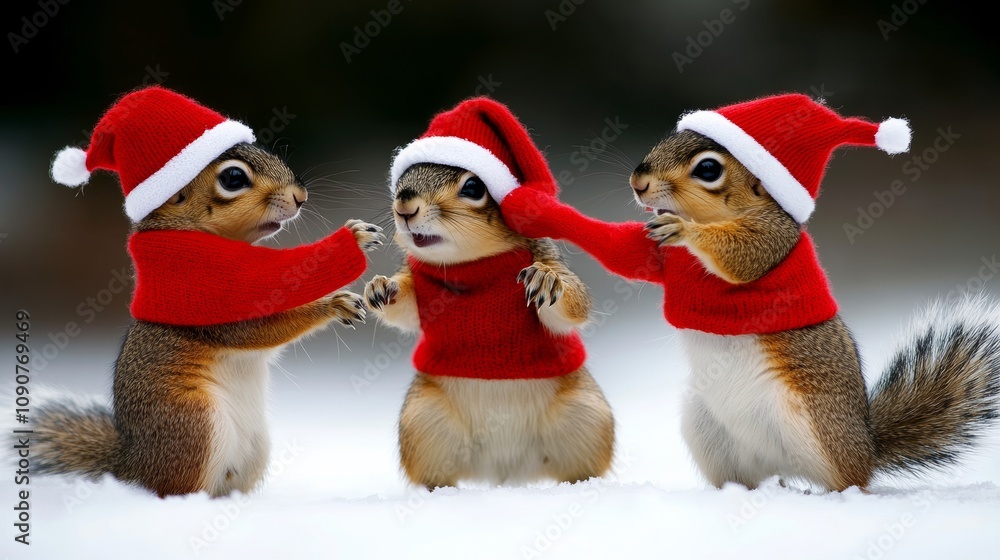 Poster three squirrels wearing red hats and red sweaters are playing in the snow. scene is cheerful and pla