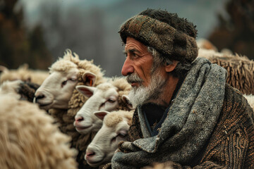 Shepherd with sheep in mountain pasture generative AI image