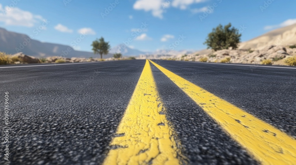 Poster A road with yellow lines and a tree in the background