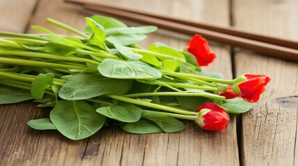 Fresh Morning Glory Stems on Wooden Table Chinese food