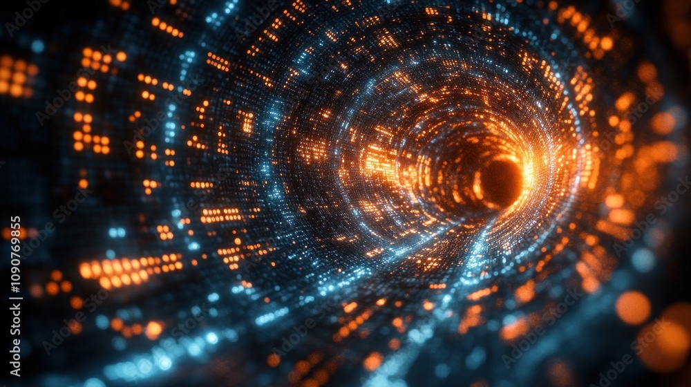 Poster abstract digital tunnel with glowing particles and depth perspective.