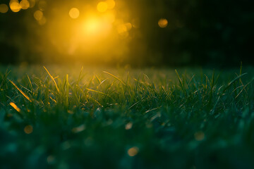 Obraz premium Meadow with green grass and sky with clouds in sunset.