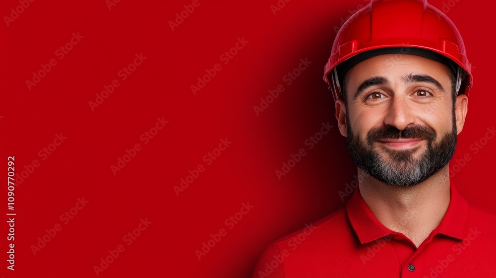 Poster man in a red shirt and a red helmet is smiling. the background is red and the man is the main focus 
