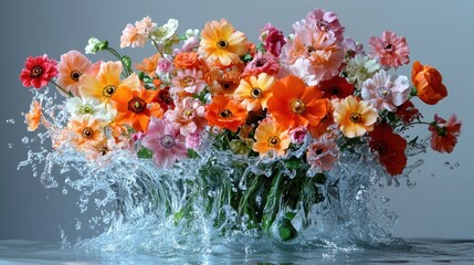 A vibrant bouquet of flowers splashing water, showcasing beauty.