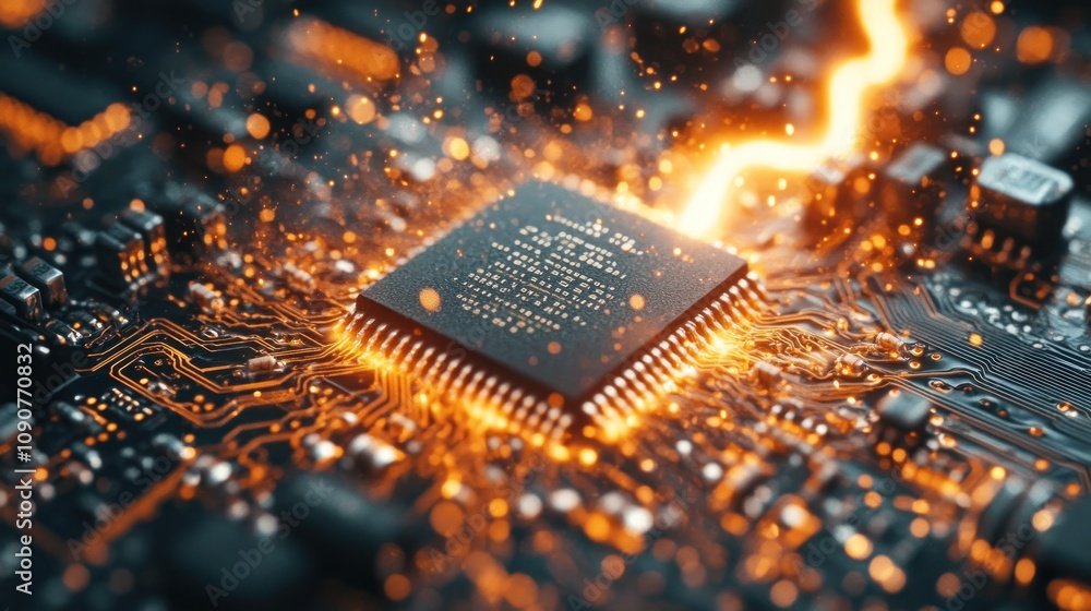 Poster close-up of a microchip emitting sparks on a circuit board.