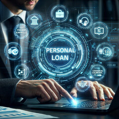 This image features a professional interacting with a futuristic digital interface focused on "Personal Loan." The glowing blue panel is the centerpiece, surrounded by various icons representing finan
