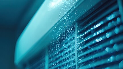 Close-Up View of Water Droplets on an Air Conditioning Unit Highlighting Cooling Technology in a Humid Environment, Ideal for HVAC and Home Comfort Concepts