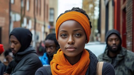 Young African American woman, homeless and anxious, stands among refugees on city streets, embodying struggle, resilience, and criticism of systemic failures in a fictional yet impactful narrative