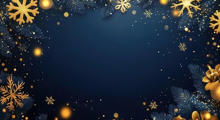 Fototapeta premium A dark blue background with golden snowflakes and lights, creating an elegant atmosphere for a Christmas or New Year promotion
