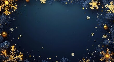 A dark blue background with golden snowflakes and lights, creating an elegant atmosphere for a Christmas or New Year promotion