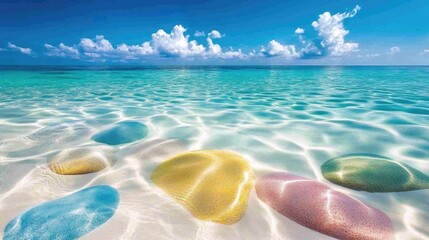 Tranquil Seascape with Colorful Stones in Crystal Clear Water and Bright Blue Sky with Fluffy Clouds Over a Serene Beach Environment