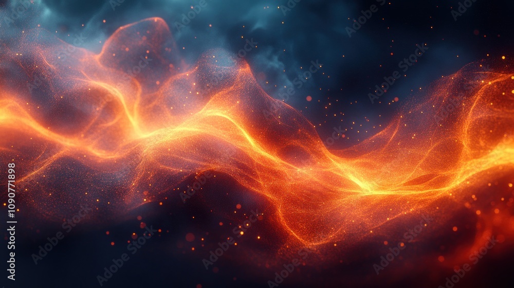 Poster abstract fiery wave with glowing particles and dynamic movement.