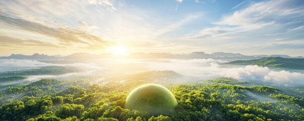 Green planet concept. Serene landscape at sunrise with rolling hills and misty valleys under a colorful sky.