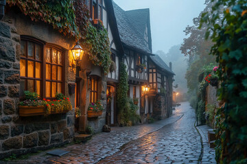 Fototapeta premium Misty cobblestone street in a charming historic village with ivy-covered cottages and glowing lanterns, creating a serene and atmospheric European countryside scene