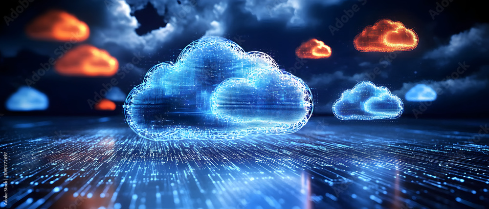 Poster a digital interface displaying multiple layers of cloud security measures, with holographic data str