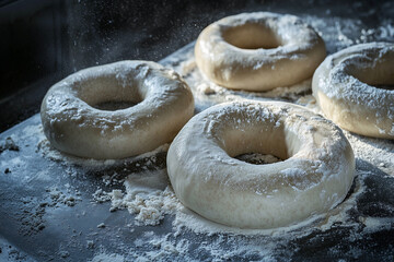 unbaked bagel dough rising on a dark tray with flour being sprinkled from above