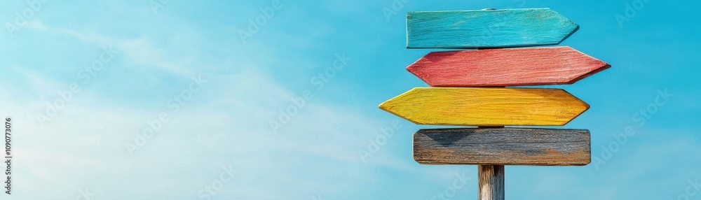 Poster a vibrant signpost with colorful arrows pointing in different directions against a clear blue sky, s