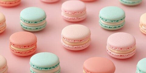 Artisan French macaron concept. Colorful macarons arranged on a pastel background.
