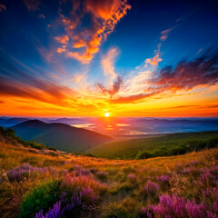 Obraz premium Sunset cascading golden rays over a breathtaking landscape,